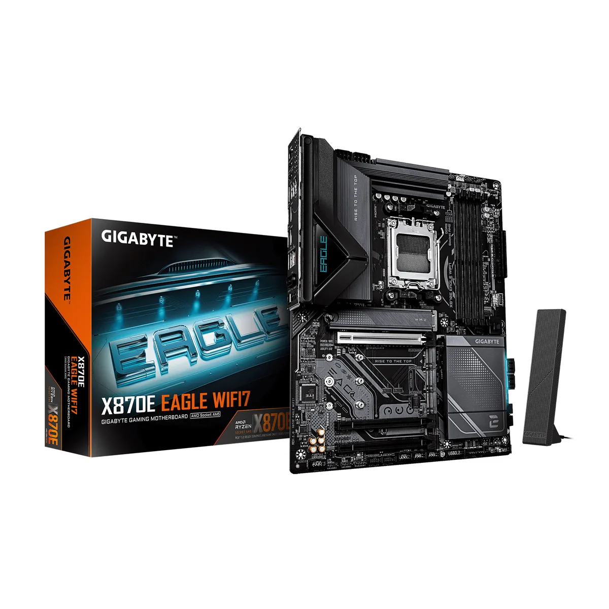 ATX motherboard, dark grey finish, silver heatsinks, AM5 socket, four DDR5 slots, three PCIe x16 slots, four M.2 slots