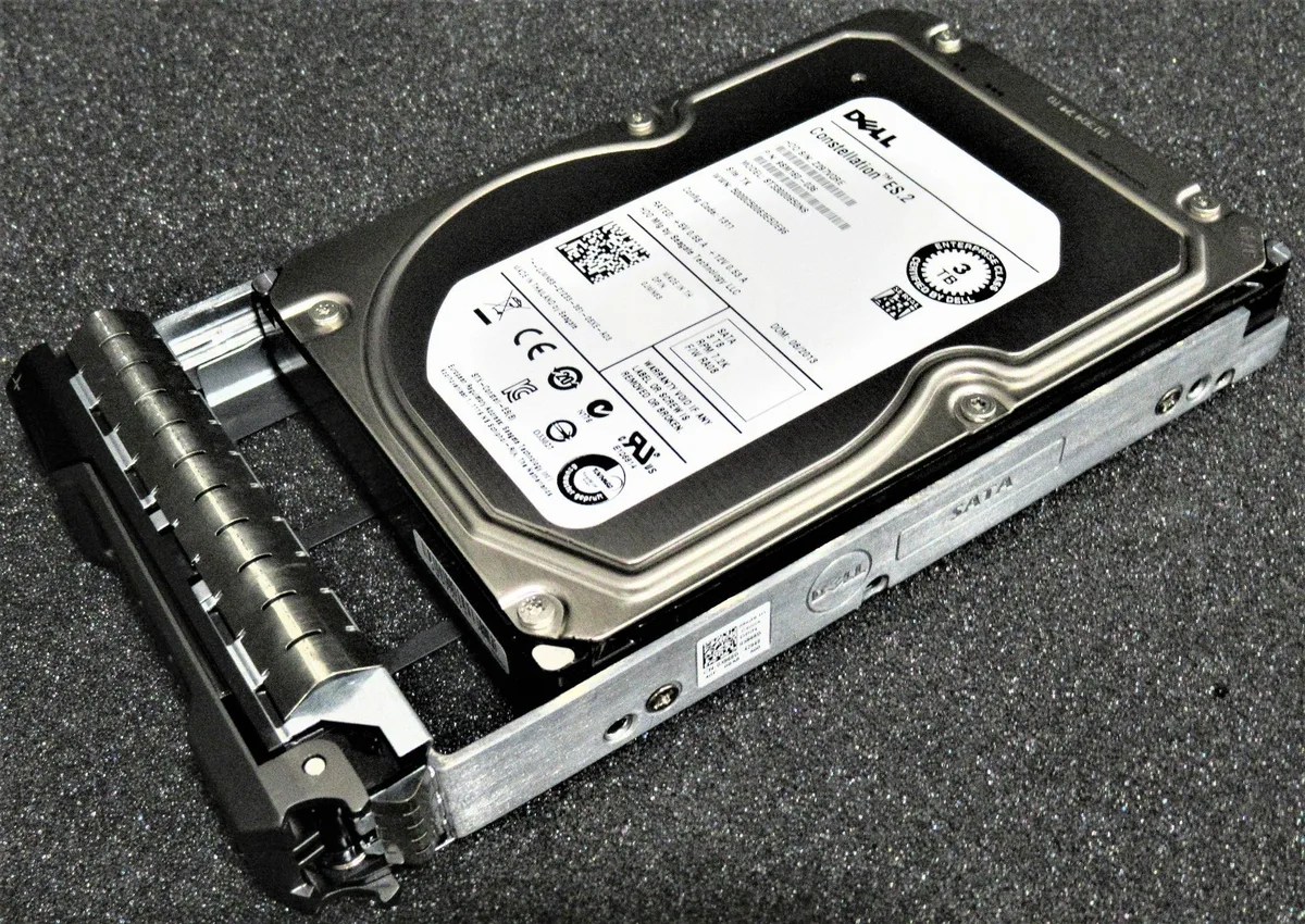 Silver 3.5 inch SATA hard drive with black mounting caddy