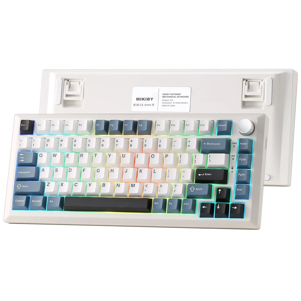 White and blue 75% wireless mechanical keyboard with rotary knob and RGB lighting