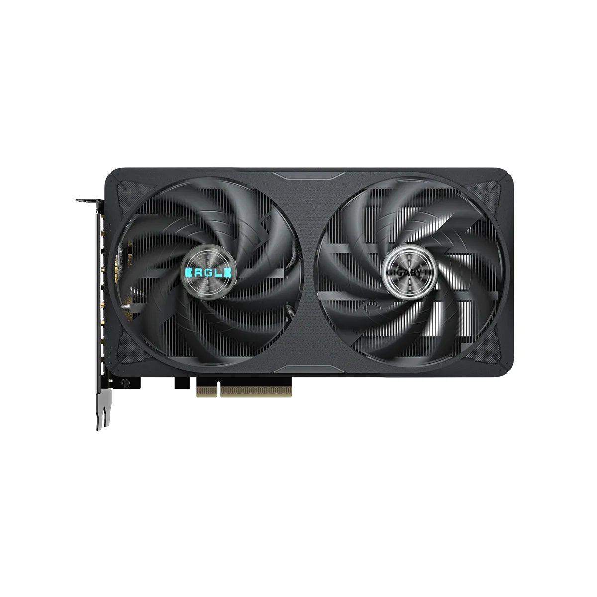 Black dual-fan graphics card, silver accents, 208mm long