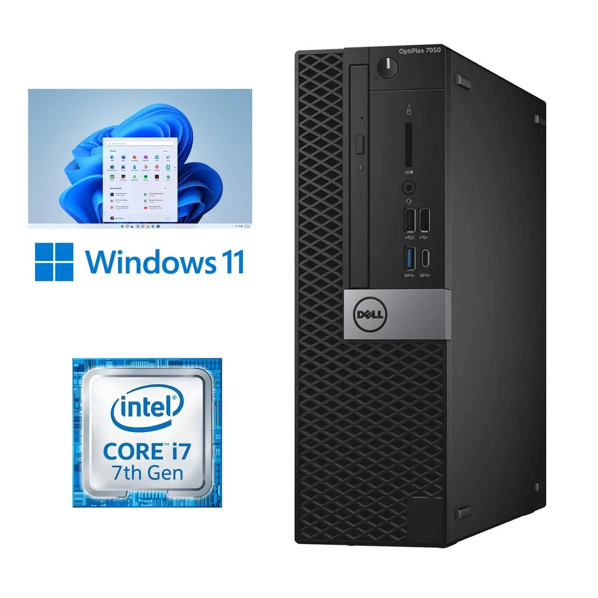 Black small form factor desktop tower with DVD drive and USB Wi-Fi adapter