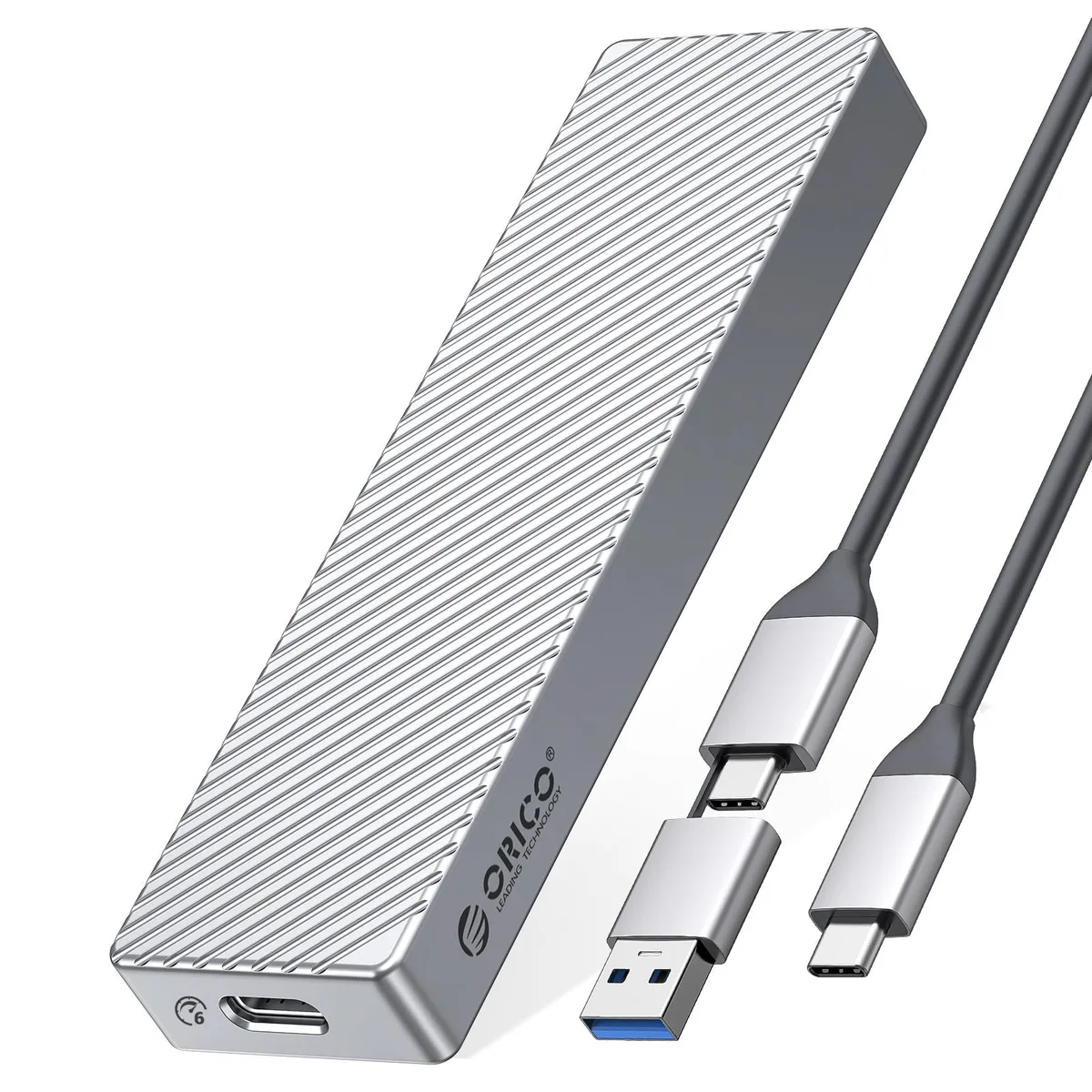 Orico Orico M.2 SATA SSD Enclosure Aluminum USB 3.2 Gen2 2-in-1 Cable Silver — 商品写真