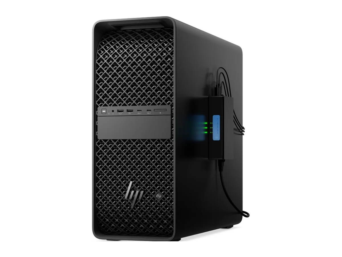 Tall black workstation tower with front USB ports and headphone jack