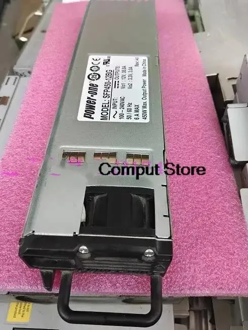Rectangular metal power supply unit, matte grey finish, label with 12 450 markings