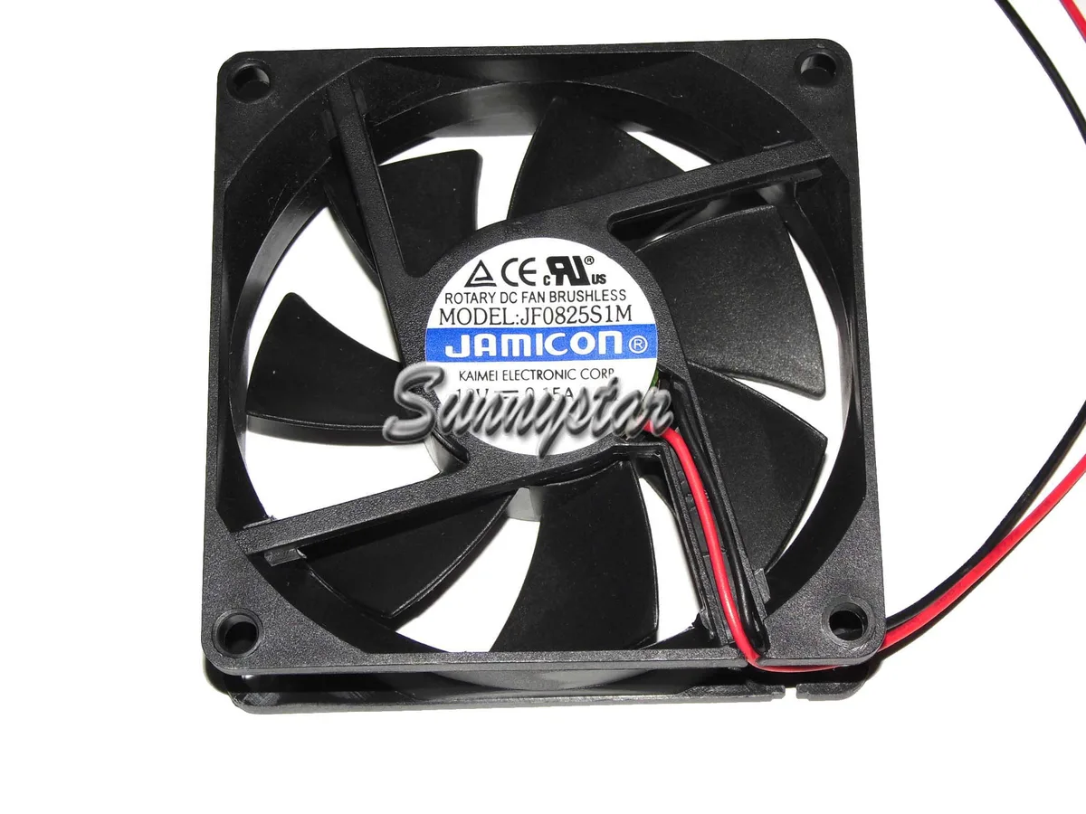 Black square 80mm cooling fan with orange LED and two wires