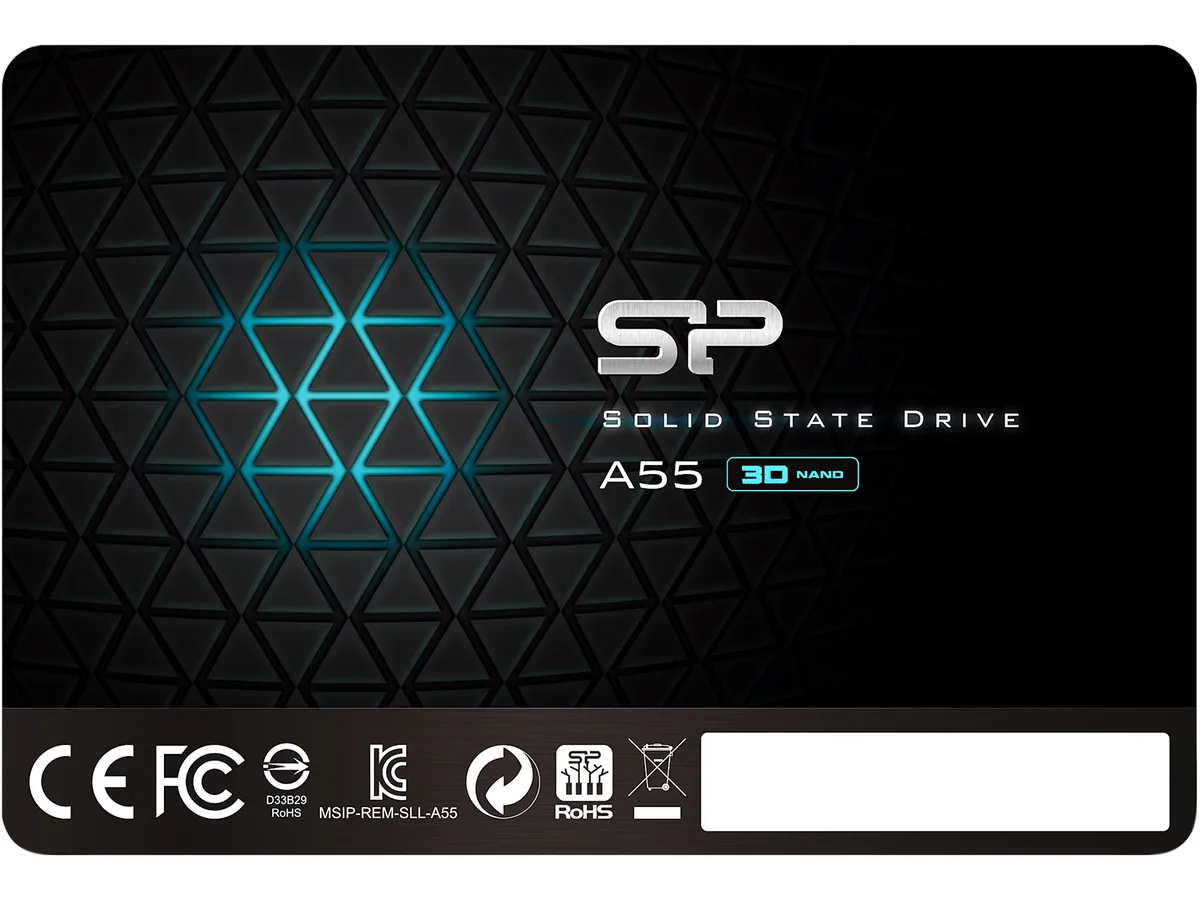 Silver rectangular 2.5 inch SSD with label showing Ace A55 2TB