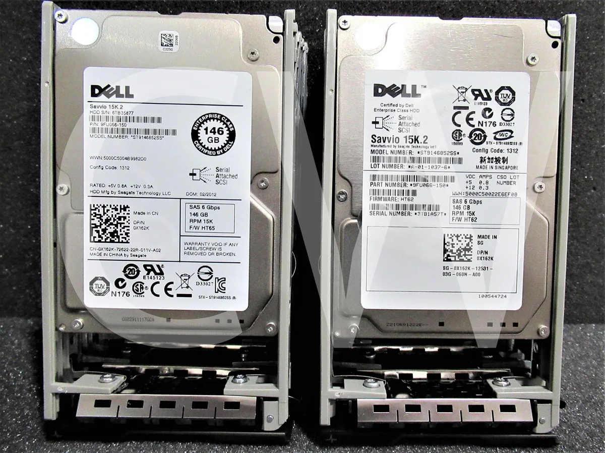A stack of ten silver 2.5 inch SAS hard drives with black caddy trays