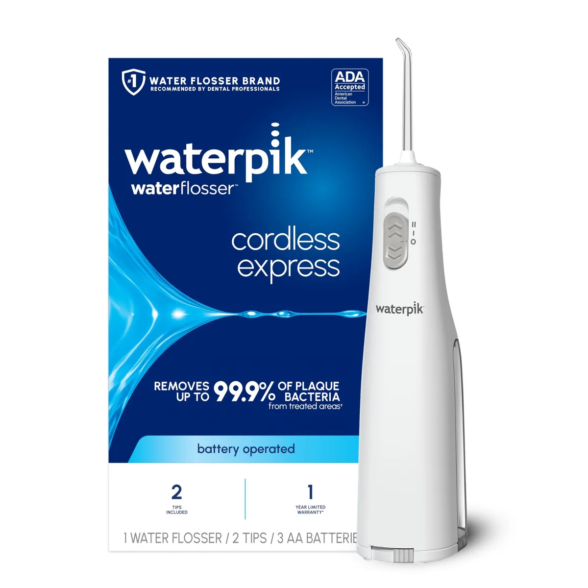 Waterpik Cordless Express WF-02W010 Water Flosser White 3 AA Batteries — product photo