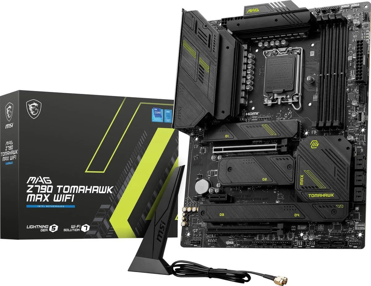 ATX motherboard, dark grey with silver heatsinks and M.2 shields