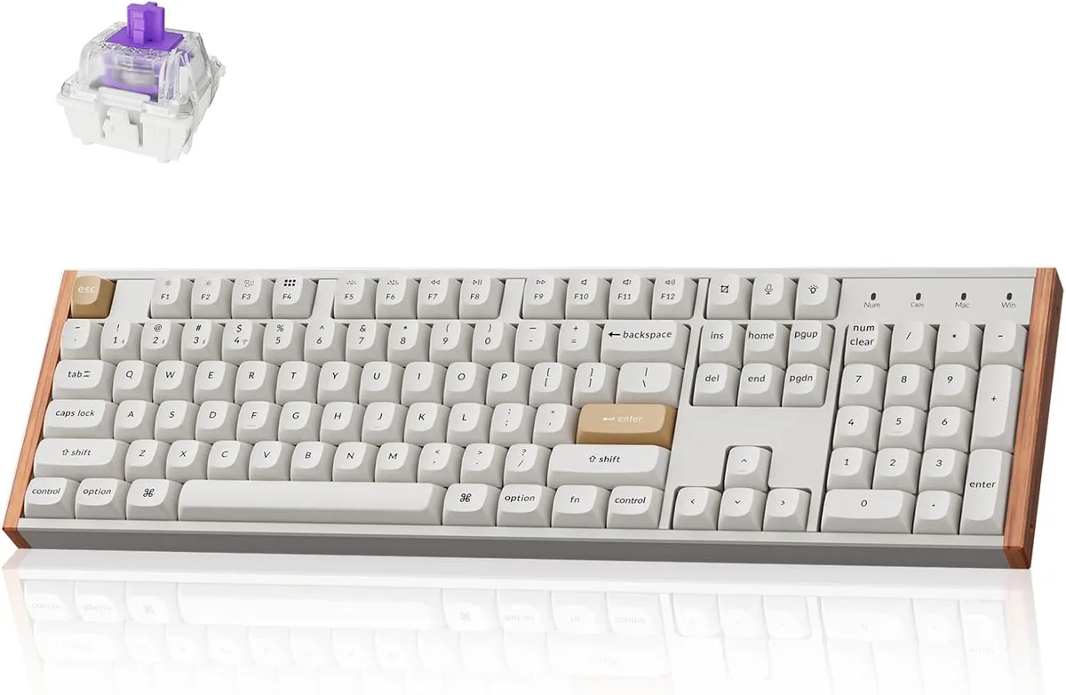 White full-size keyboard with aluminium frame, rosewood accents and transparent acrylic cover