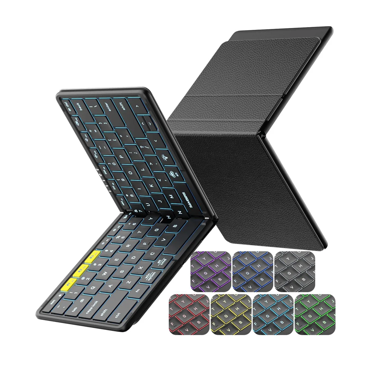 Black foldable full-size keyboard with PU leather cover and backlit keys