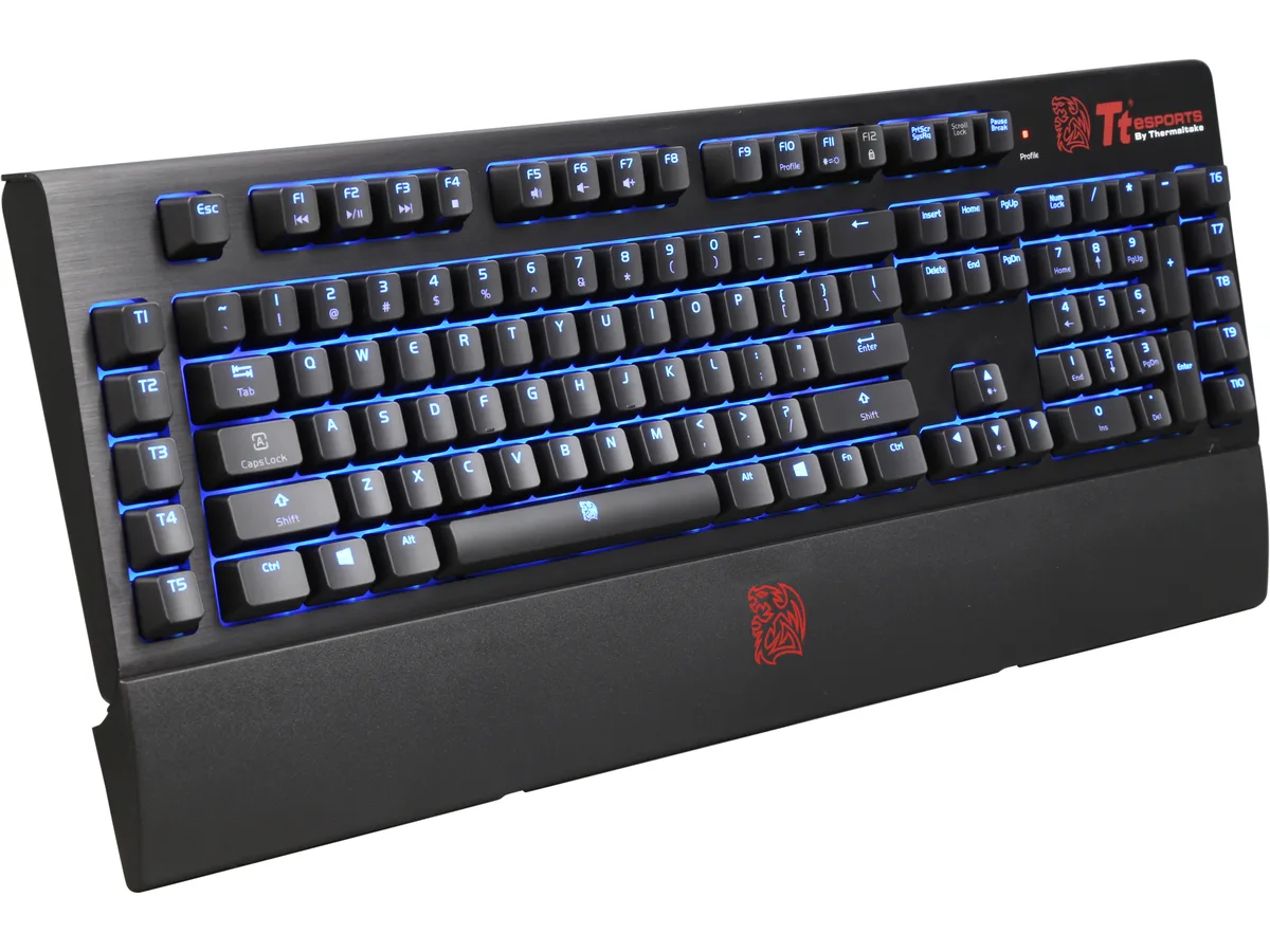 Black aluminium mechanical keyboard with blue LED backlighting and detachable palm rest