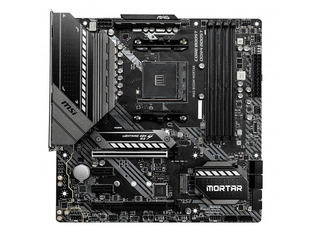 Black micro-ATX board with grey heatsinks and reinforced PCIe slot