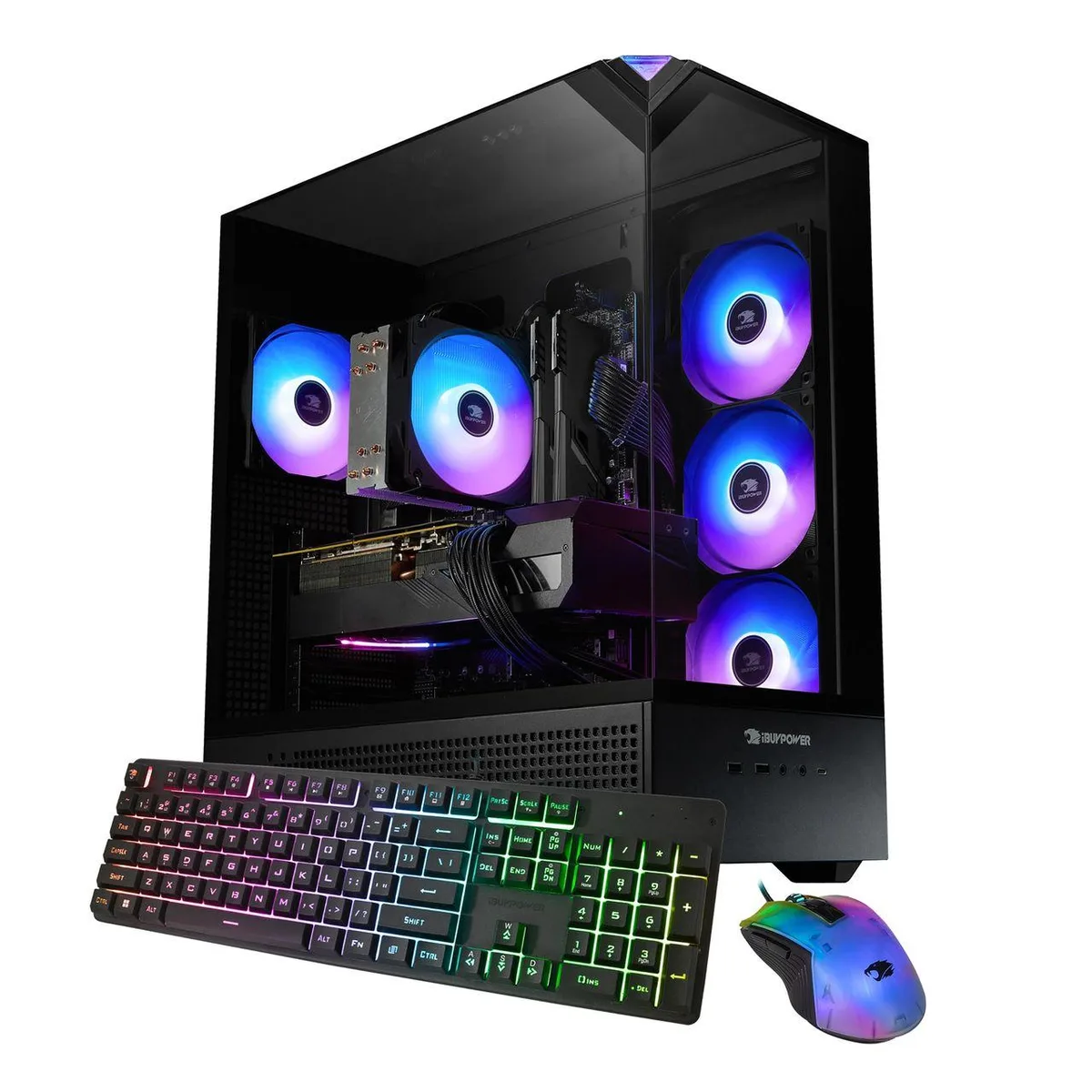 Black mid-tower gaming desktop with RGB lighting and glass side panel
