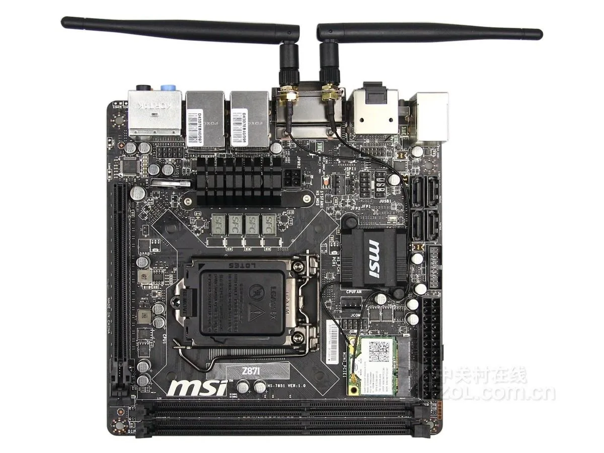 Compact Mini-ITX board with black PCB and silver I/O shield