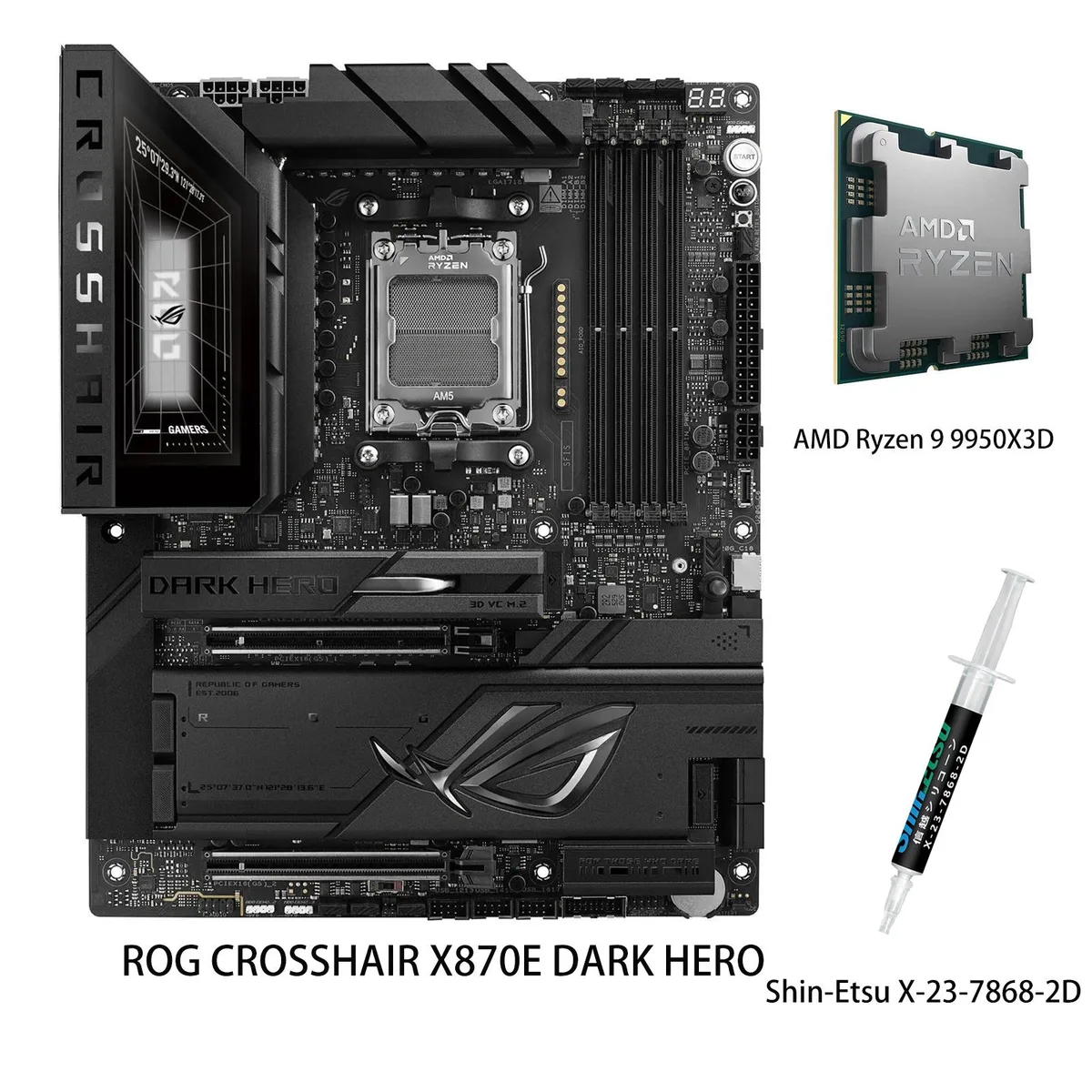 Dark Hero ATX motherboard with Ryzen 9 9950X3D CPU installed, black finish, silver heatsinks, I/O shield integrated