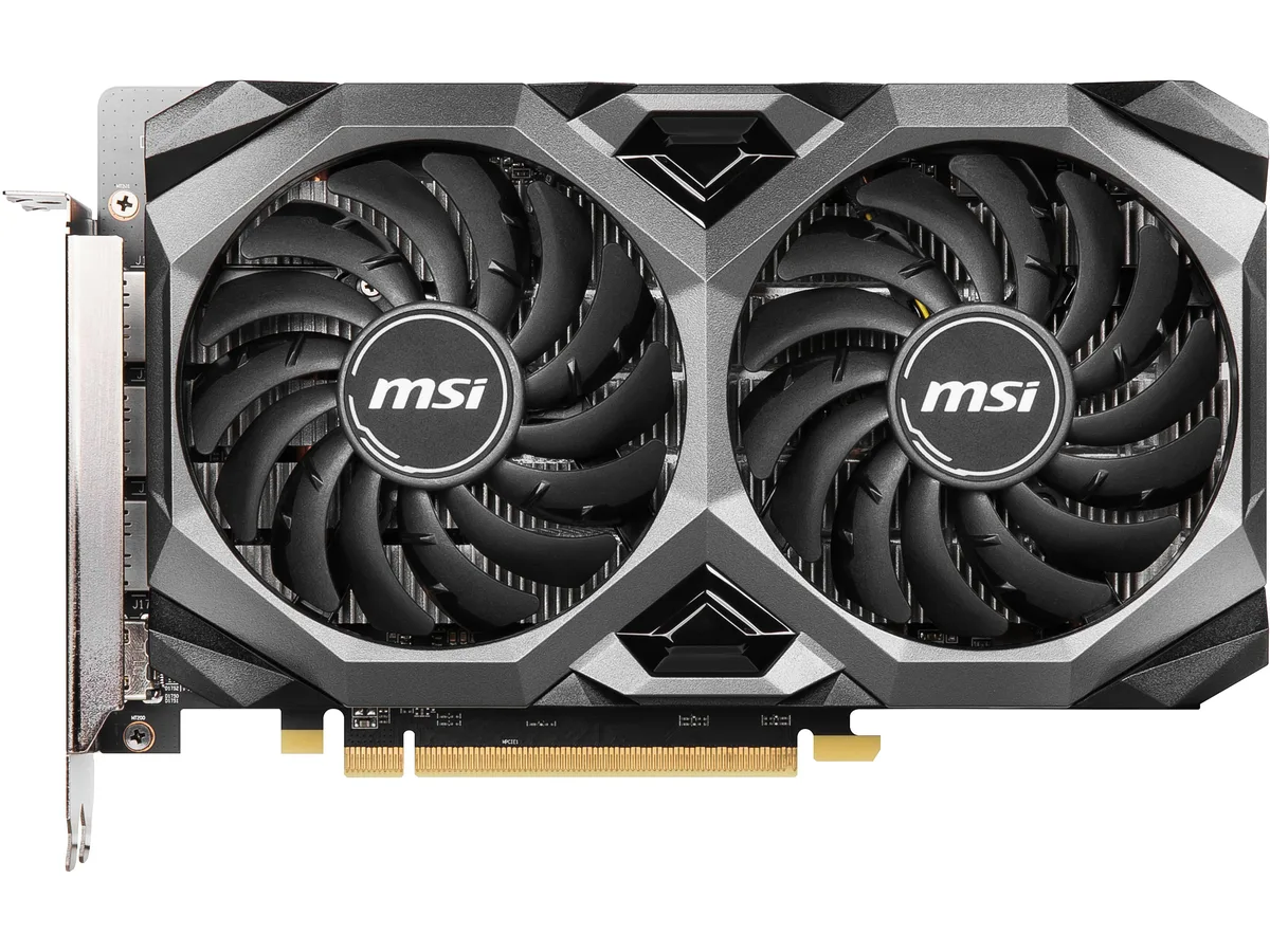 Black dual-fan graphics card with metal backplate and three DisplayPort plus one HDMI output