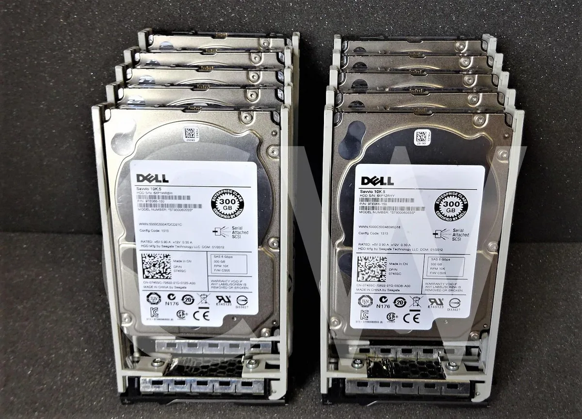 Ten 2.5 inch SAS hard drives with silver metal casings and green circuit boards in server trays