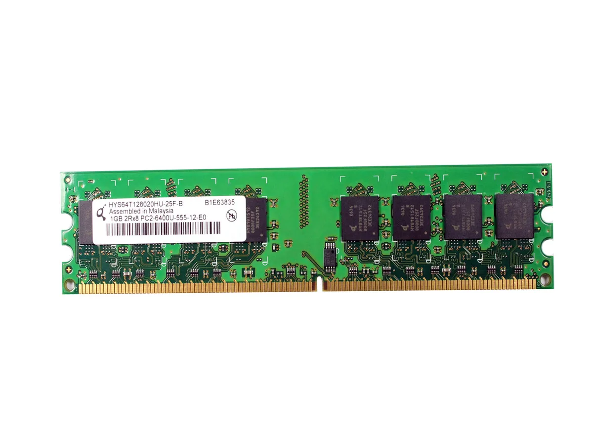 Green circuit board with black memory chips and gold edge connectors