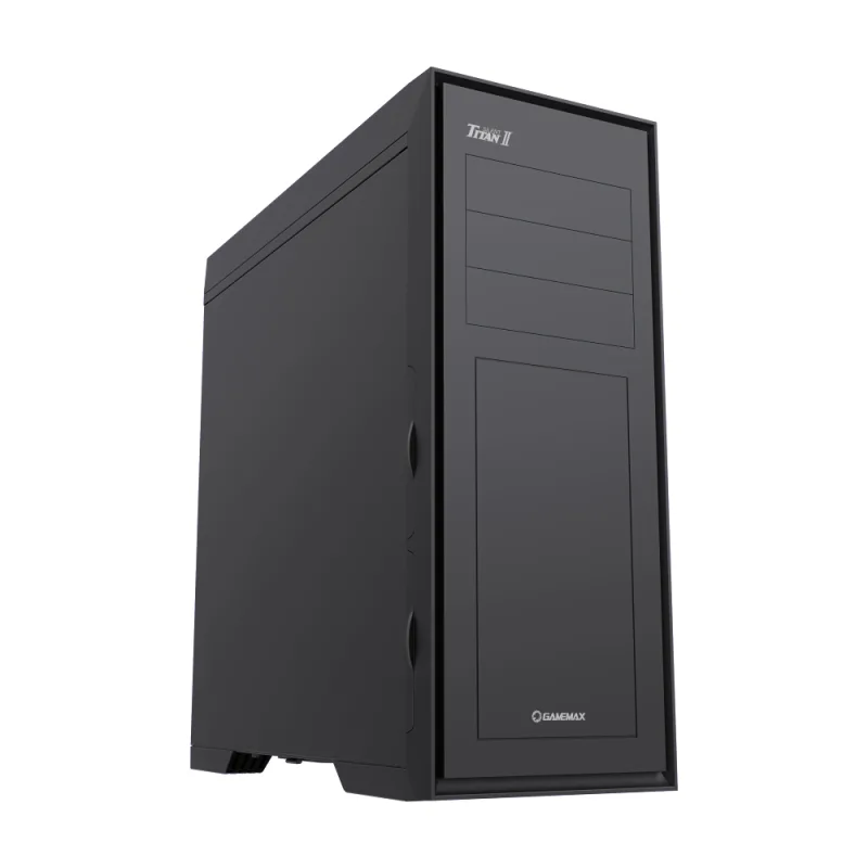 Black full-tower ATX case with mesh front, solid side panels and three pre-installed 120mm fans