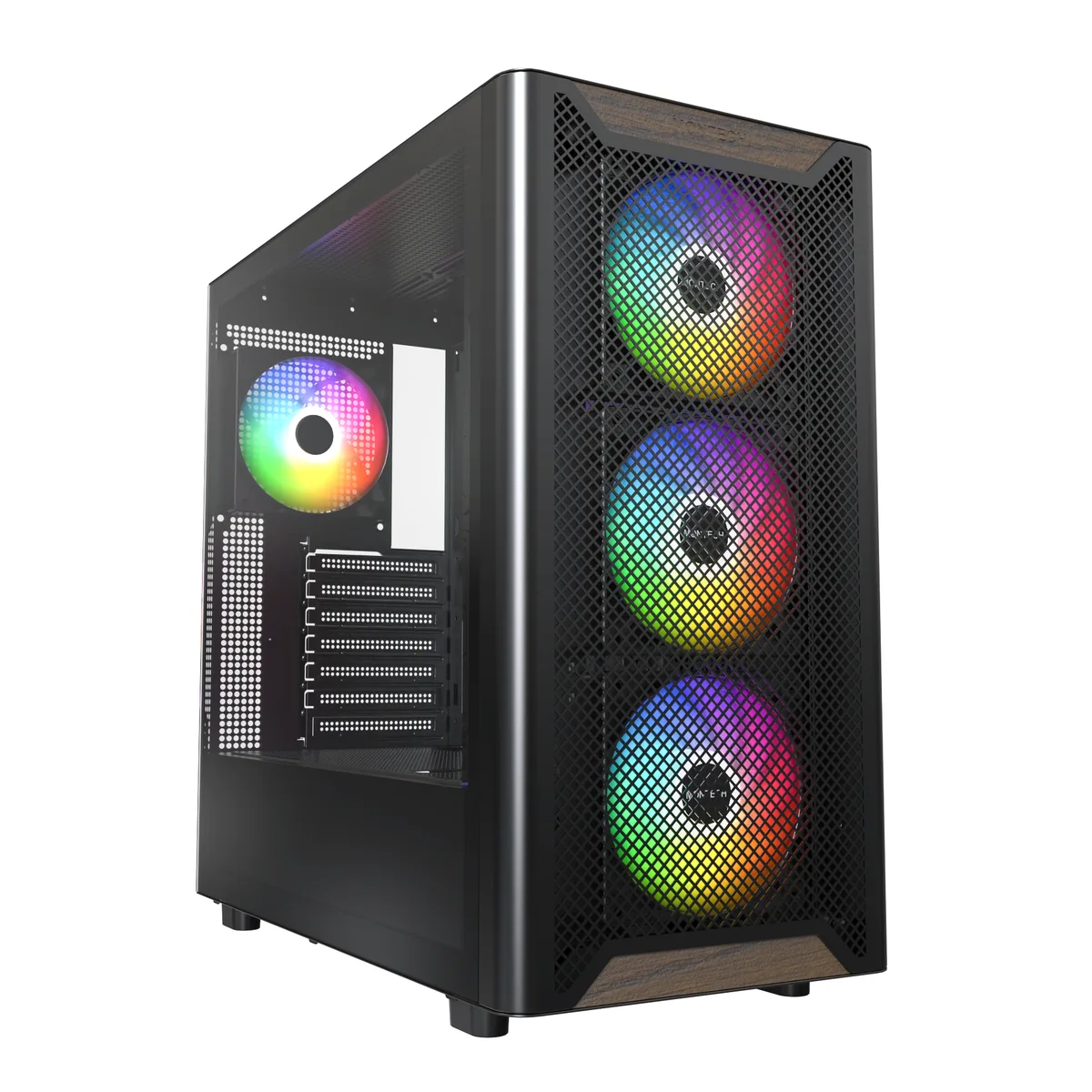 Black ATX tower case with American Walnut wood front panel, steel and plastic body, tempered glass side panel
