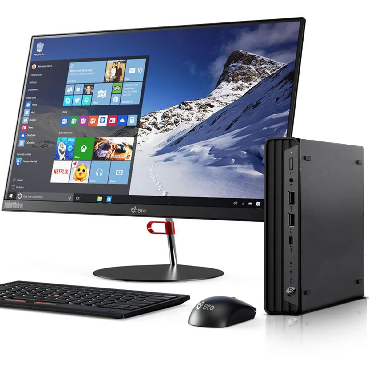 Black HP EliteDesk 800 G6 Mini tower beside 24-inch monitor with wireless keyboard and mouse