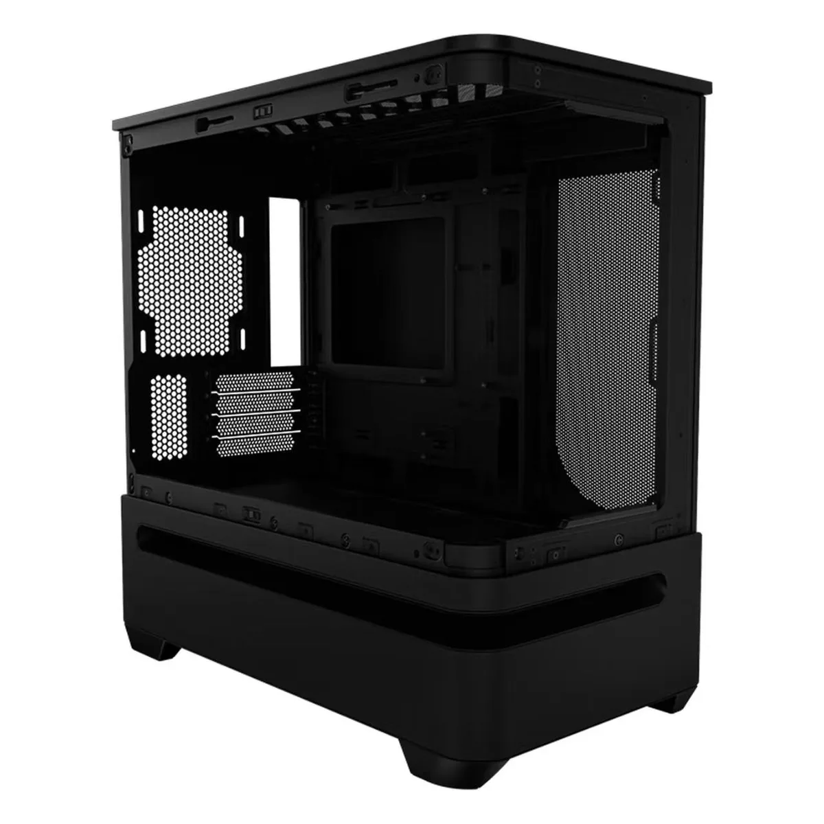 Black micro-ATX tower with curved tempered glass panel and floating bottom design