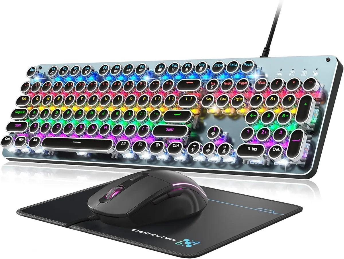 TUKO TUKO Typewriter Mechanical Gaming Keyboard Blue Switch 104 Keys Mouse Pad Combo — product photo