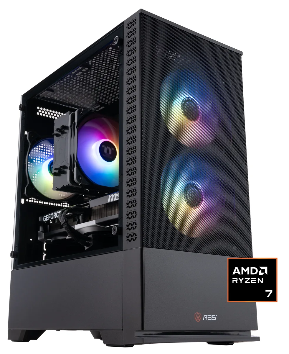 Black micro tower gaming desktop with RGB memory visible through side panel