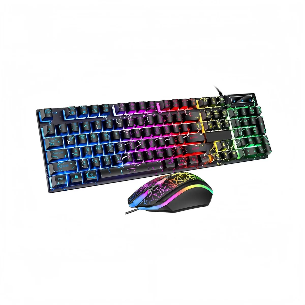 Black wired gaming keyboard and mouse set, 104 keys, rainbow LED backlighting
