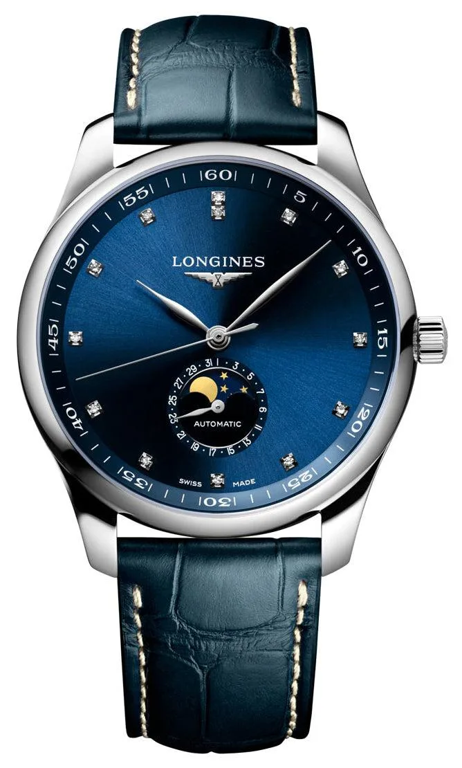 Longines Longines Master Collection L2.919.4.97.0 42 mm Blue Dial Diamond Markers Moonphase Date Leather Strap Watch — product photo