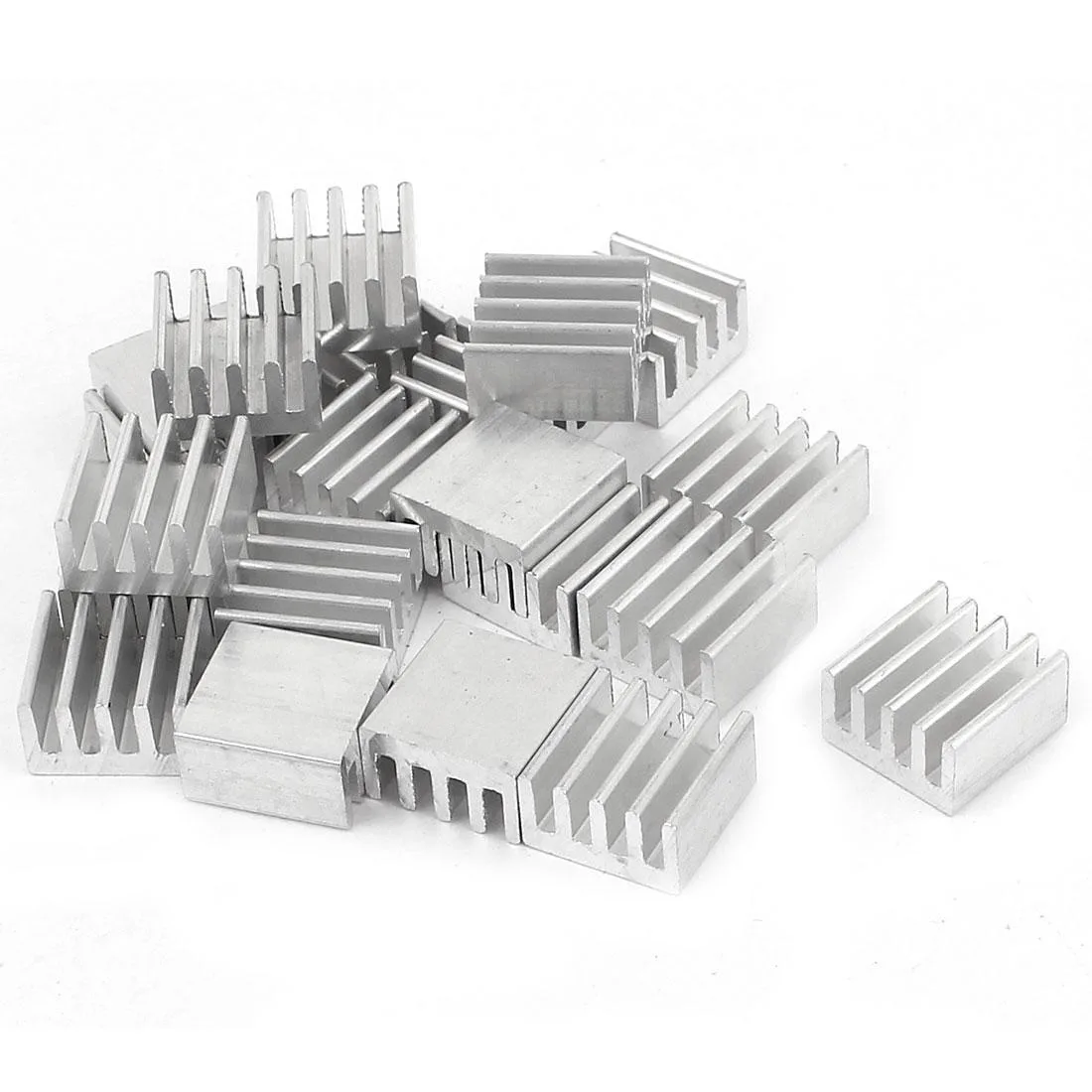 Twenty small square silver aluminium heatsinks, each 8.8mm