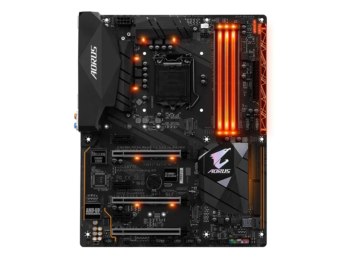 Black ATX motherboard with silver heatsinks and I/O shield