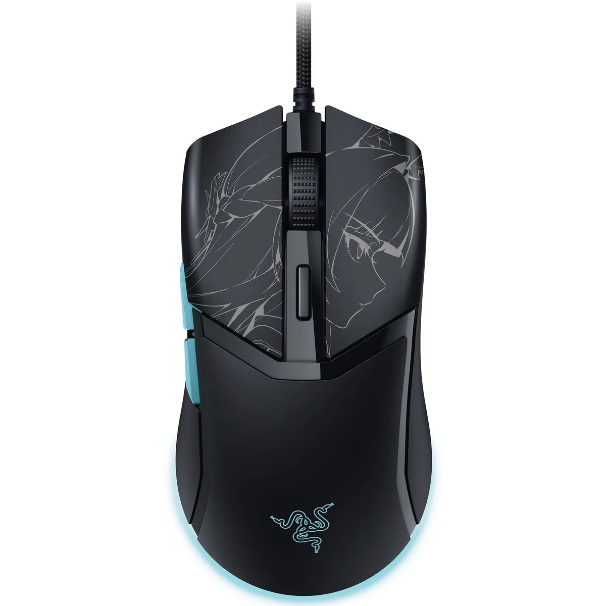 Lightweight black wired gaming mouse with RGB underglow and textured side grips