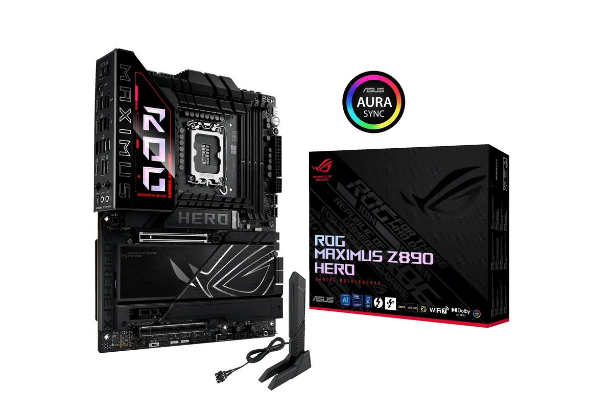 Black ATX motherboard with silver heatsinks, four DDR5 slots and a covered LGA 1851 socket