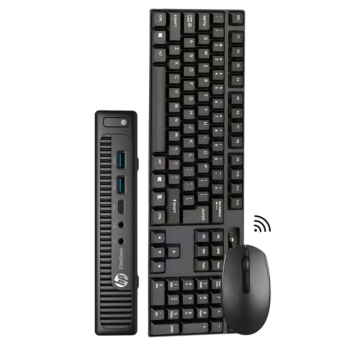 Small black HP ProDesk 800 G2 Mini desktop with wireless keyboard and mouse
