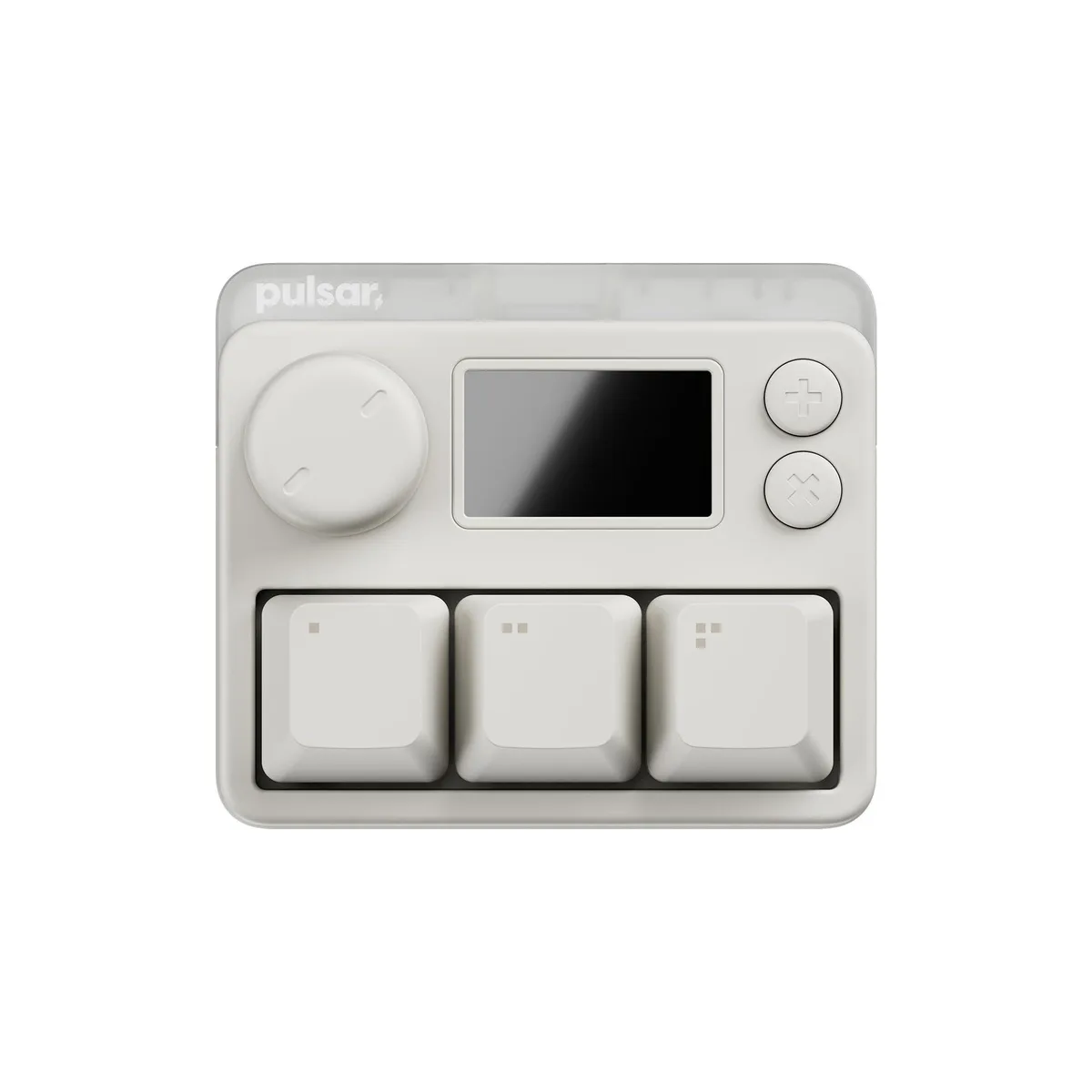 White compact three-key gaming keypad with built-in LCD screen and RGB lighting
