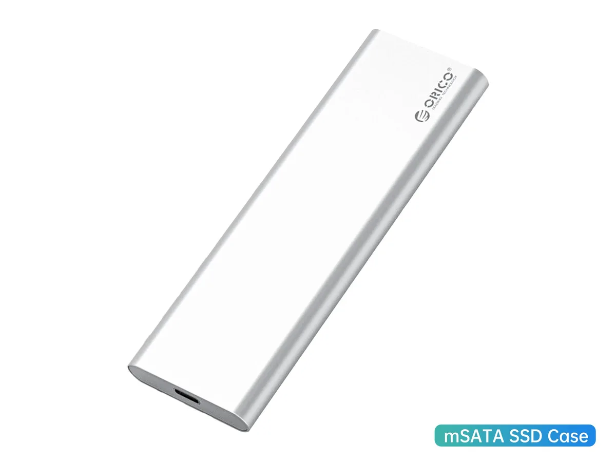 Silver aluminium dual-bay mSATA enclosure with USB-C cable