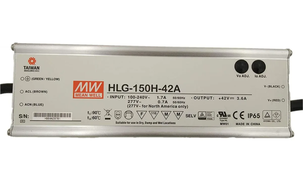 Rectangular metal power supply unit with IP67 IP65 rating and 150W output