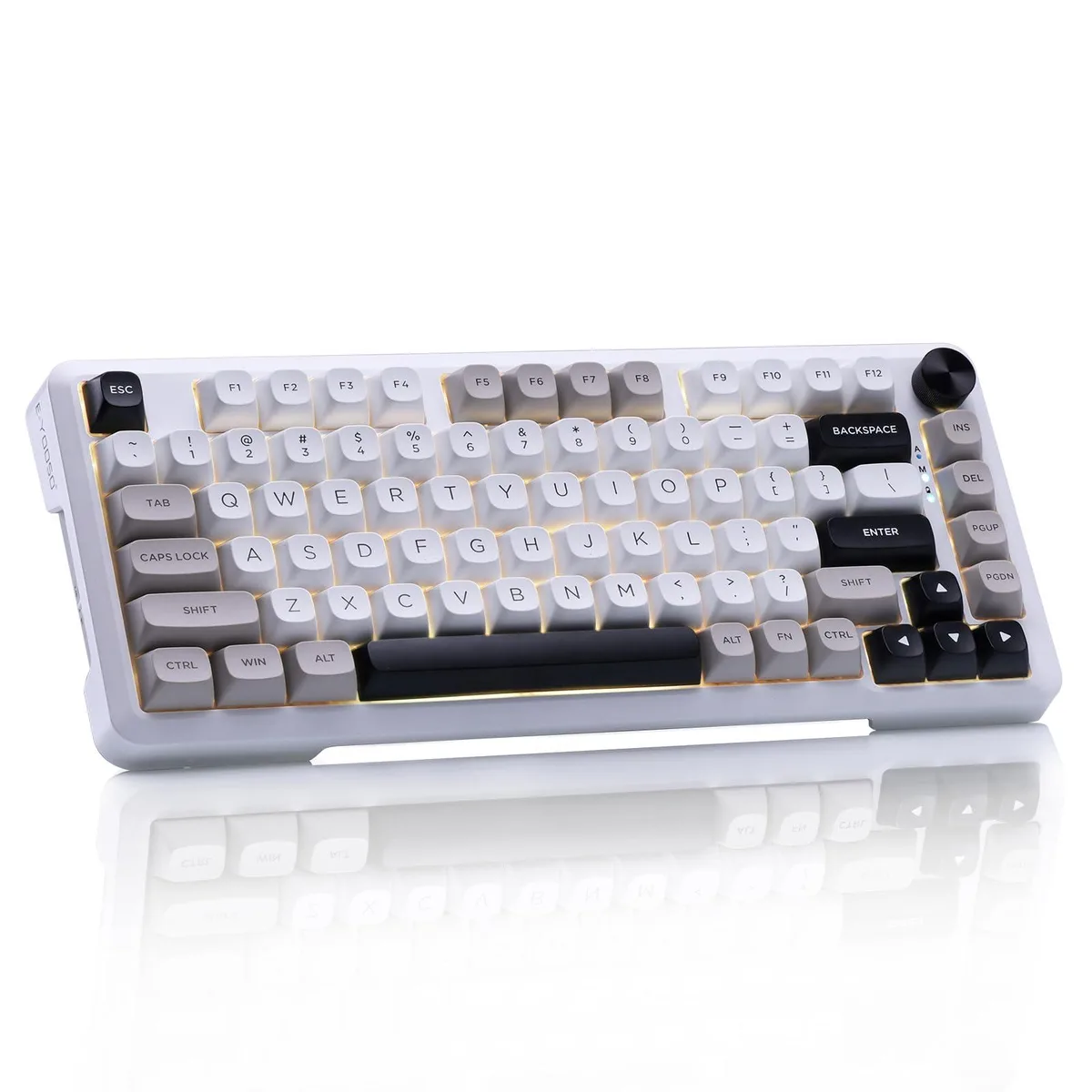 White and grey compact mechanical keyboard with a rotary knob and RGB lighting