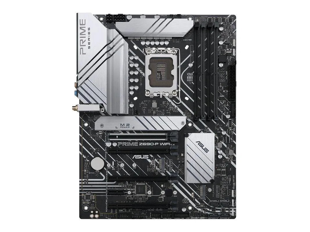 ATX motherboard in black with silver heatsinks and metallic I/O shield