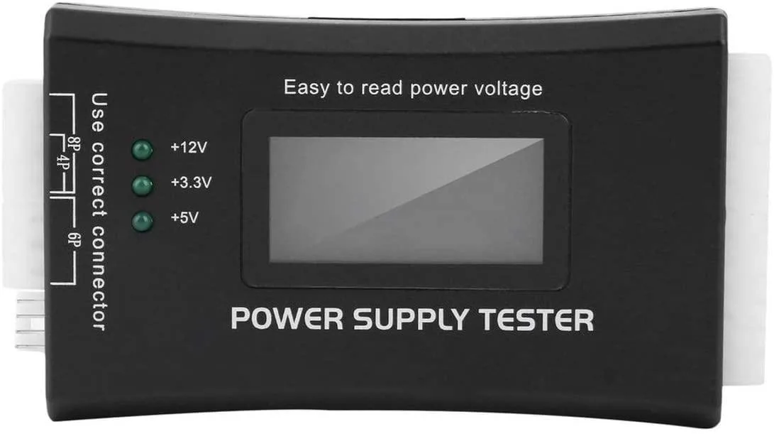 Black rectangular power-supply tester with LCD screen and multiple connectors 12 x 6.5 x 1.5 cm