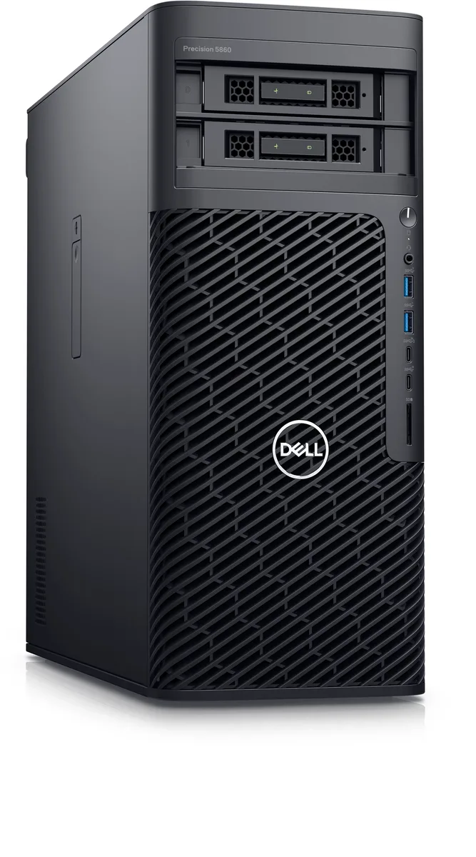 Tall black tower server with front drive bays and rear ports