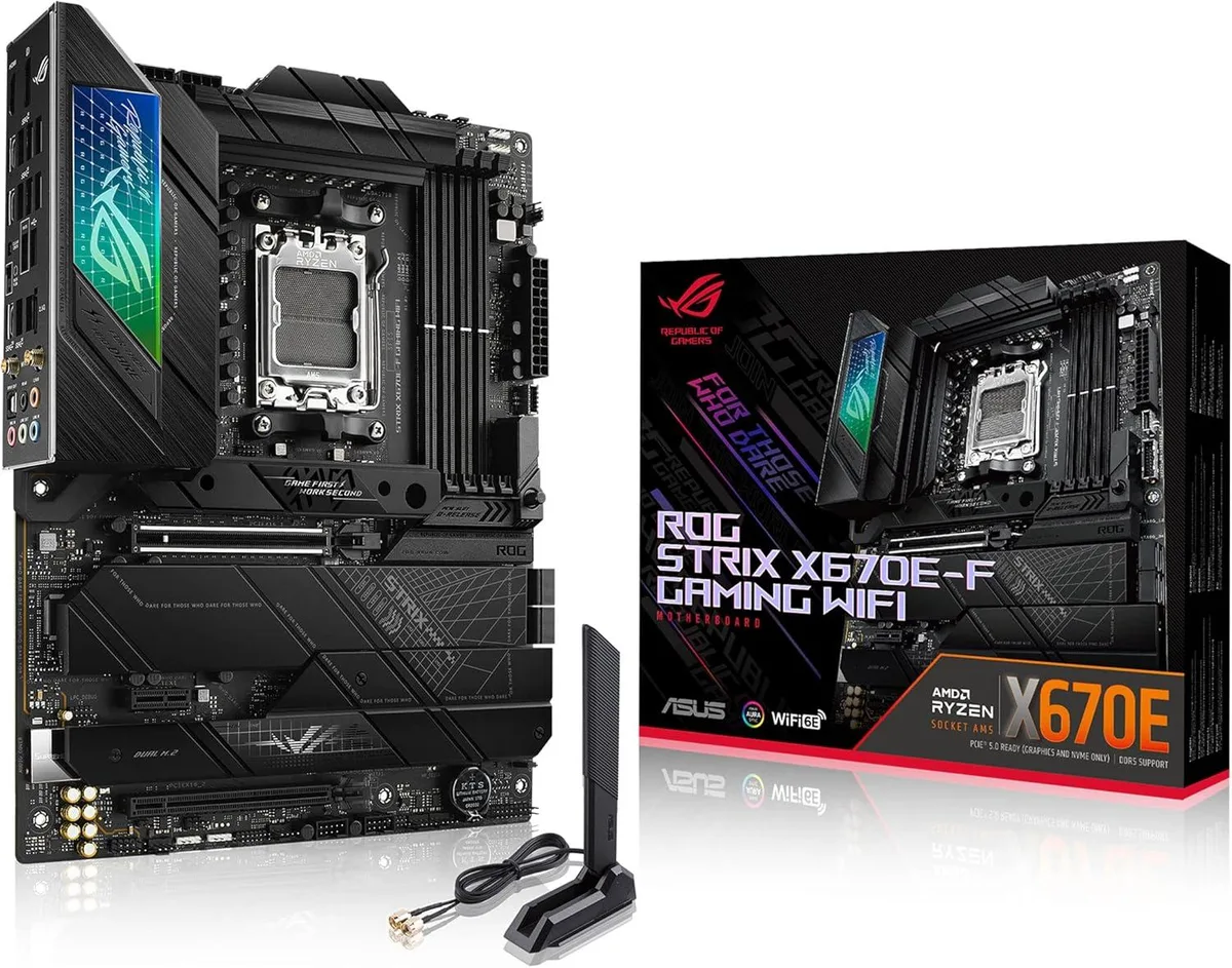 ATX motherboard with large silver VRM heatsinks and black PCB