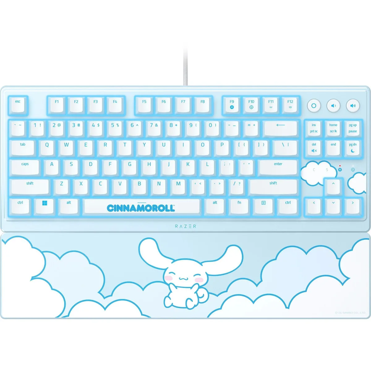 Tenkeyless gaming keyboard in pastel Cinnamoroll theme with low-profile clicky keys, RGB lighting and magnetic wrist rest