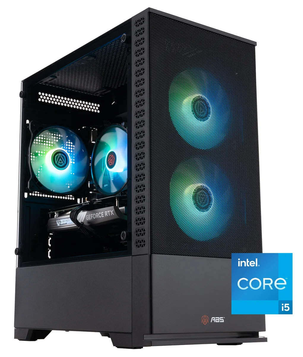 Black mid-tower gaming desktop with RGB lighting visible through side panel