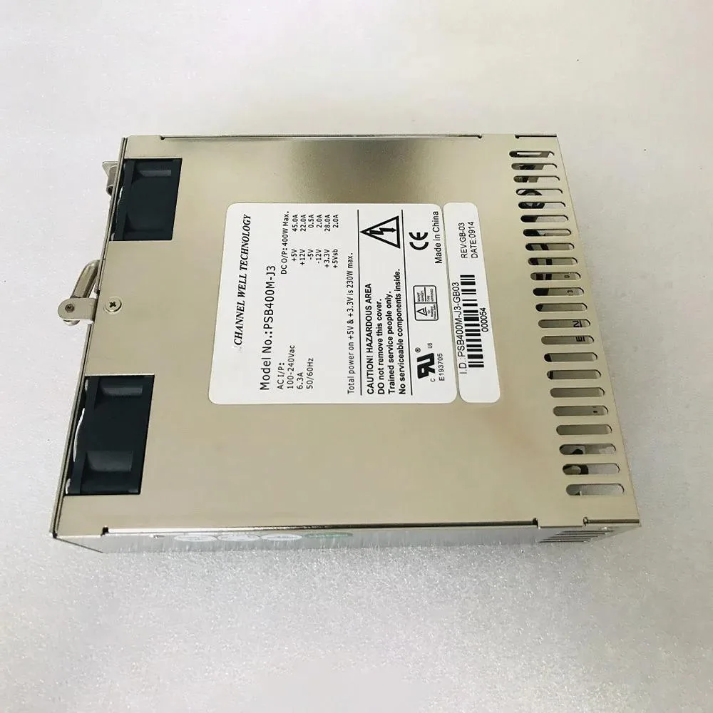 Silver rectangular ATX power supply unit with ventilation grille