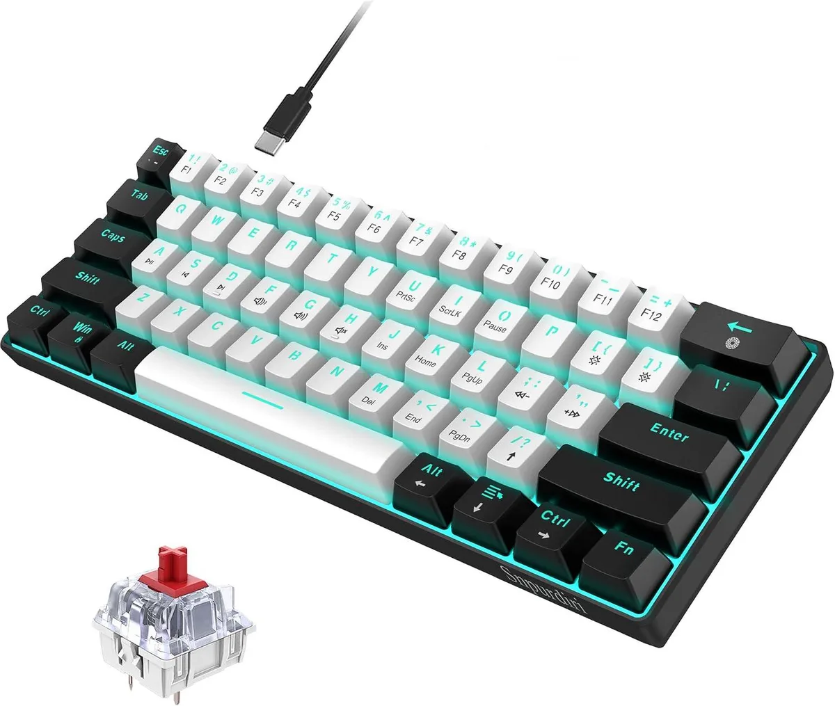 Compact 60 percent mechanical keyboard black and white keycaps ice blue LED backlight detachable USB-C cable