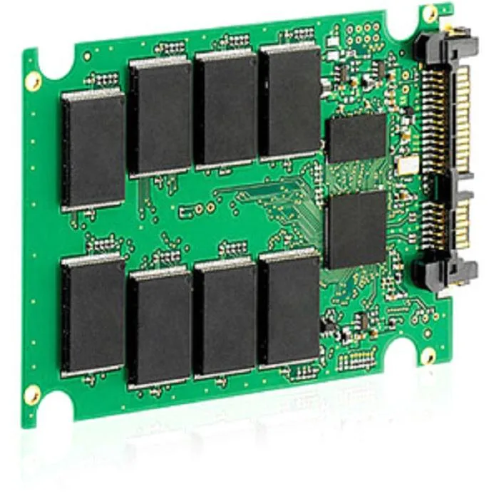 Silver rectangular 2.5 inch SAS solid state drive with green circuit board visible
