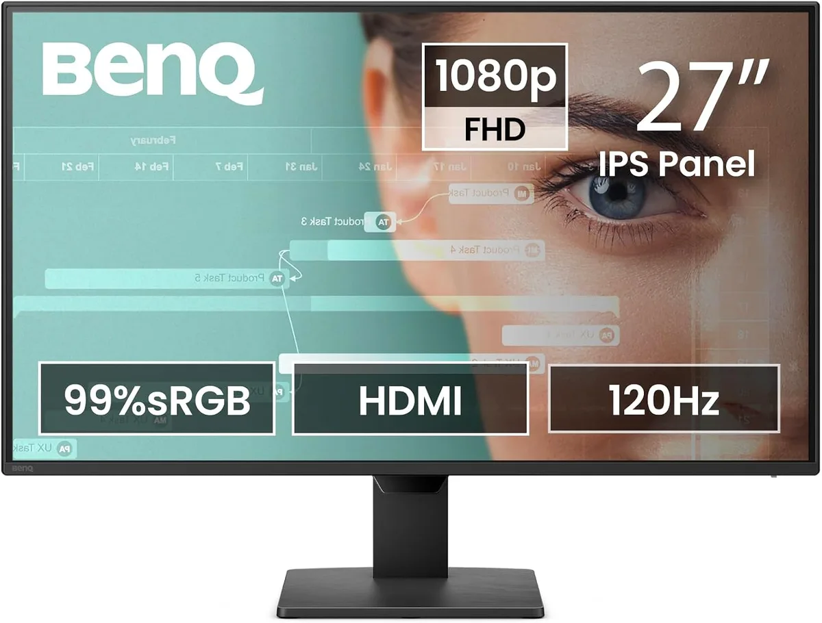 Black 27 inch flat IPS monitor on a tilt stand with thin bezels